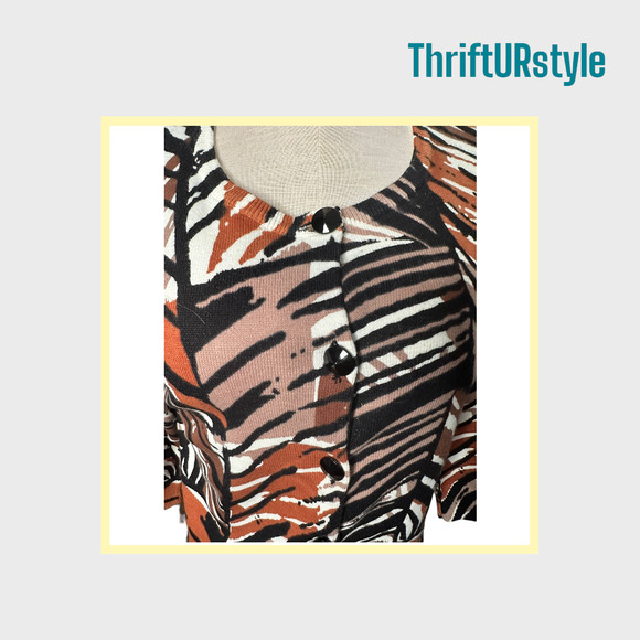 Abstract Print Cardigan Sweater Brown Black Orange White 3/4 Sleeve Top - Picture 8 of 8